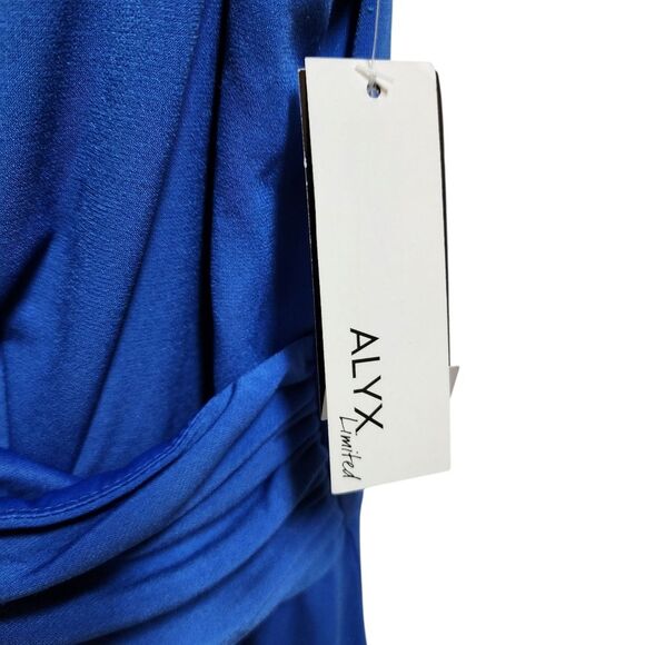 Alyx Dress XL Blue Faux Wrap Sleeveless Ruched Ruffle Party Wedding Stretchy - Picture 7 of 10